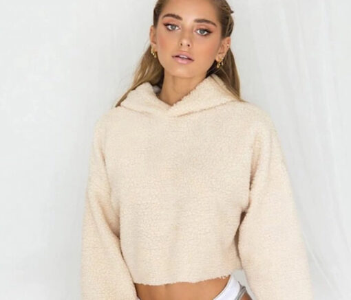 Fluffy Crop hooded beige sweater