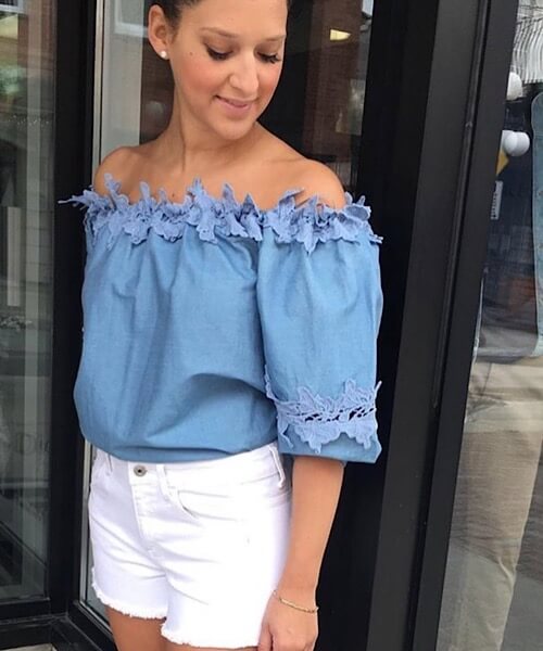 Denim Off Shoulder Top shown in blue from Bright-Eyed & Beautiful Fashion Boutique
