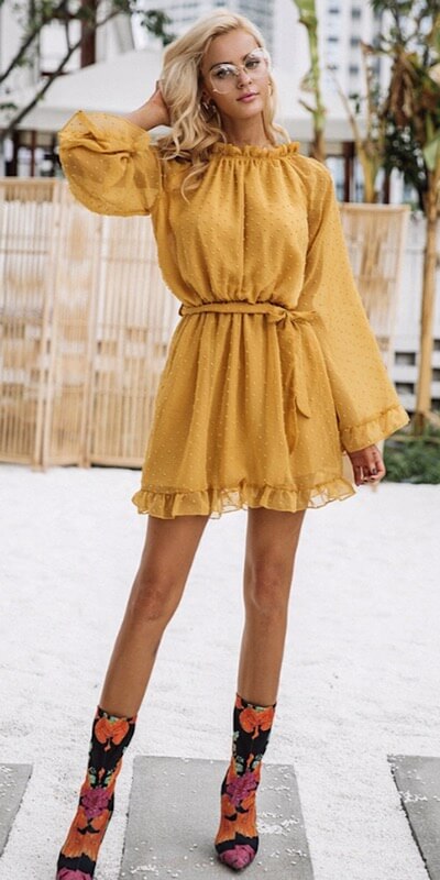 Poly Dress shown in mustard from Bright-Eyed & Beautiful Fashion Boutique