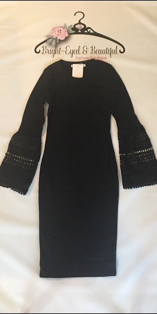 Black Coloured bell lace sleeve dress sold by Bright-Eyed & Beautiful Fashion Boutique